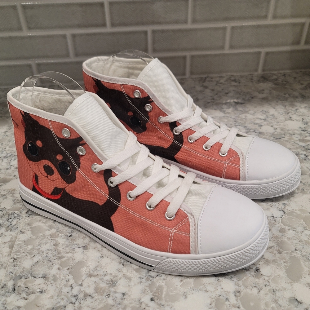Puppy Dog Min Pin, Chihuahua, Yorkie Pet Portrait High Top Sneaker Sz: 8
